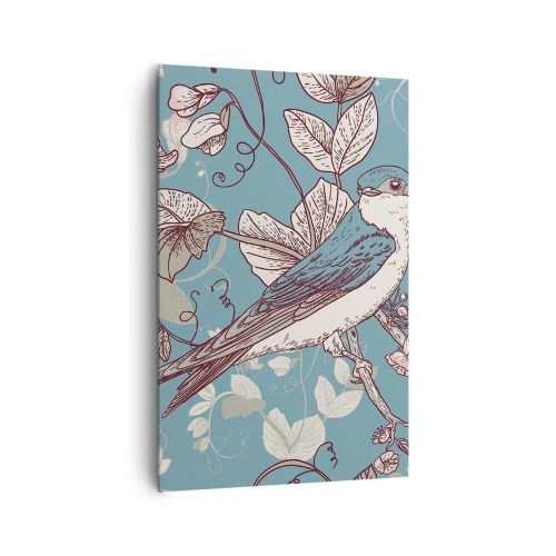 Cuadro sobre lienzo - Impresión de Imagen - Un pájaro en una rama en un delicado estilo floral. - 80x120cm - En el cerezo - Decoración de pared moderna para salón y dormitorio ARTTOR