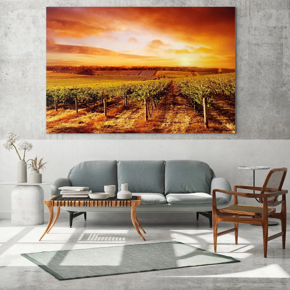 Cuadro sobre vidrio - Impresiones sobre Vidrio - Vides en un campo al atardecer - 120x80cm - Delicadamente afrutado con un toque de sol - Decoración de pared moderna para salón y dormitorio ARTTOR