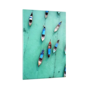 Cuadro sobre vidrio - Impresiones sobre Vidrio - Una vista aérea de barcos en aguas turquesas. - 80x120cm - En alegre espera - Decoración de pared moderna para salón y dormitorio ARTTOR