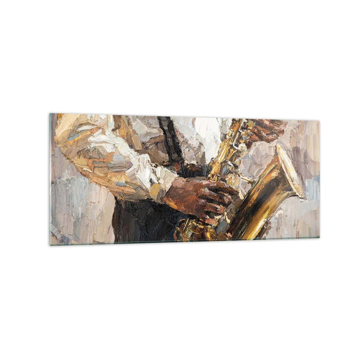 Cuadro sobre vidrio - Impresiones sobre Vidrio - Un músico tocando el saxofón con un estilo artístico. - 120x50cm - Llegó el momento del solo - Decoración de pared moderna para salón y dormitorio ARTTOR