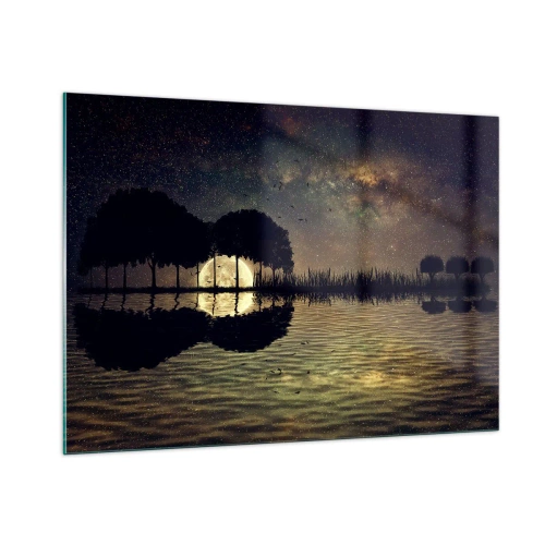 Cuadro sobre vidrio - Impresiones sobre Vidrio - Escena nocturna con luna llena reflejada en el agua. - 100x70cm - Noche en el fin del mundo - Decoración de pared moderna para salón y dormitorio ARTTOR