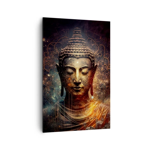 Cuadro sobre lienzo - Impresión de Imagen - Buda dorado sobre un fondo oscuro con adornos. - 80x120cm - Equilibrio espiritual - Decoración de pared moderna para salón y dormitorio ARTTOR