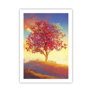 Póster - Un árbol con hojas rojas contra el fondo del sol poniente. - 50x70cm - Un peregrino en su destino - Decoración de pared moderna para salón y dormitorio ARTTOR