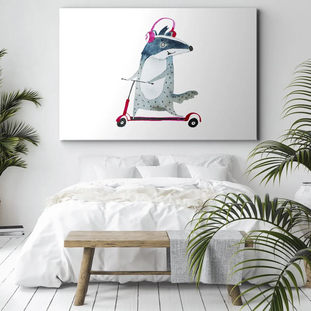 Cuadro sobre lienzo - Impresión de Imagen - Tejón en un scooter con auriculares rosas - 100x70cm - Alegrías de tejón - Decoración de pared moderna para salón y dormitorio ARTTOR