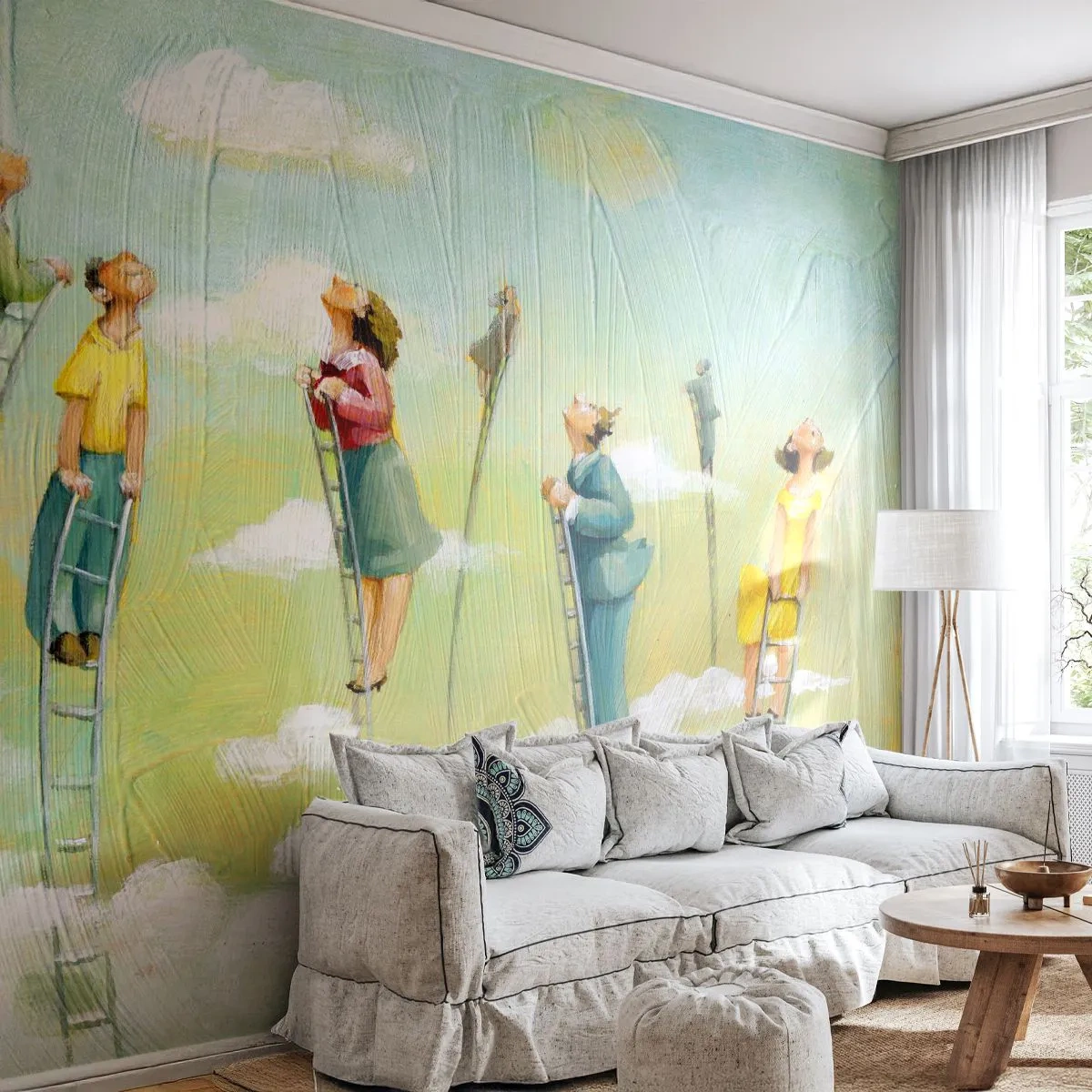 Fotomural Premium Canvas - Figuras subiendo escaleras entre nubes sobre un fondo pastel. - 100x70cm - Sigue tu sueño - Decoración de pared moderna para salón y dormitorio ARTTOR