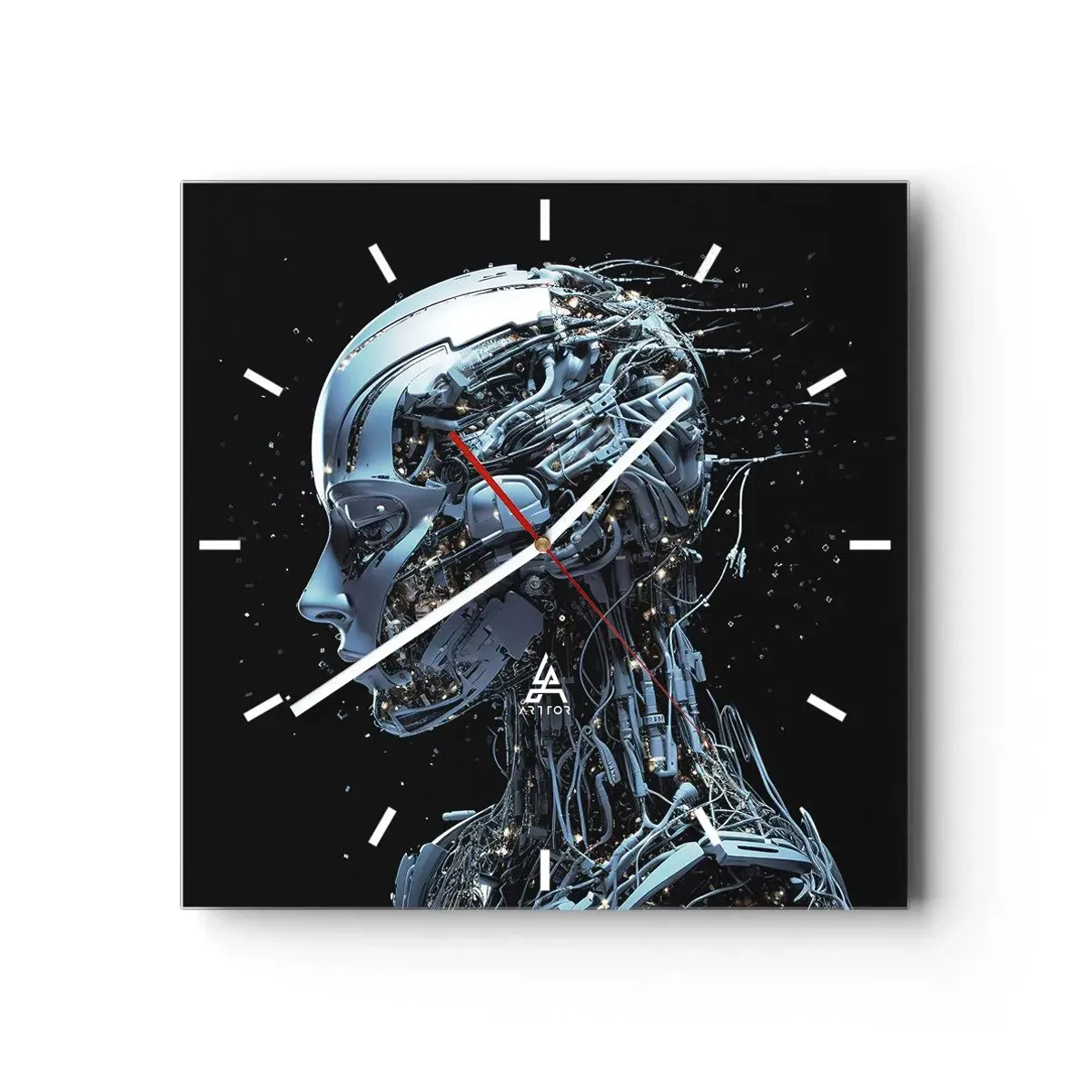 Reloj de pared - Reloj de vidrio - Retrato futurista de un cyborg en estilo industrial sobre fondo negro. - 30x30cm - La tecnología es una mujer - Decoración de pared moderna para salón y dormitorio ARTTOR