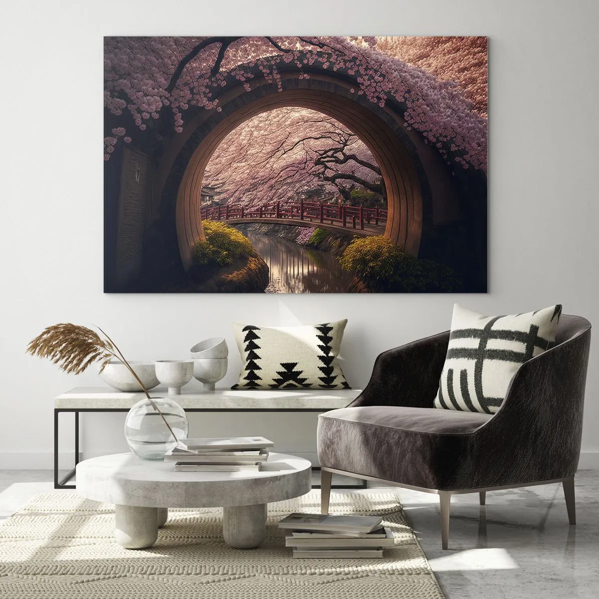 Cuadro sobre vidrio - Impresiones sobre Vidrio - Cerezos en flor y un puente japonés vistos a través de la puerta redonda. - 70x50cm - Primavera japonesa - Decoración de pared moderna para salón y dormitorio ARTTOR