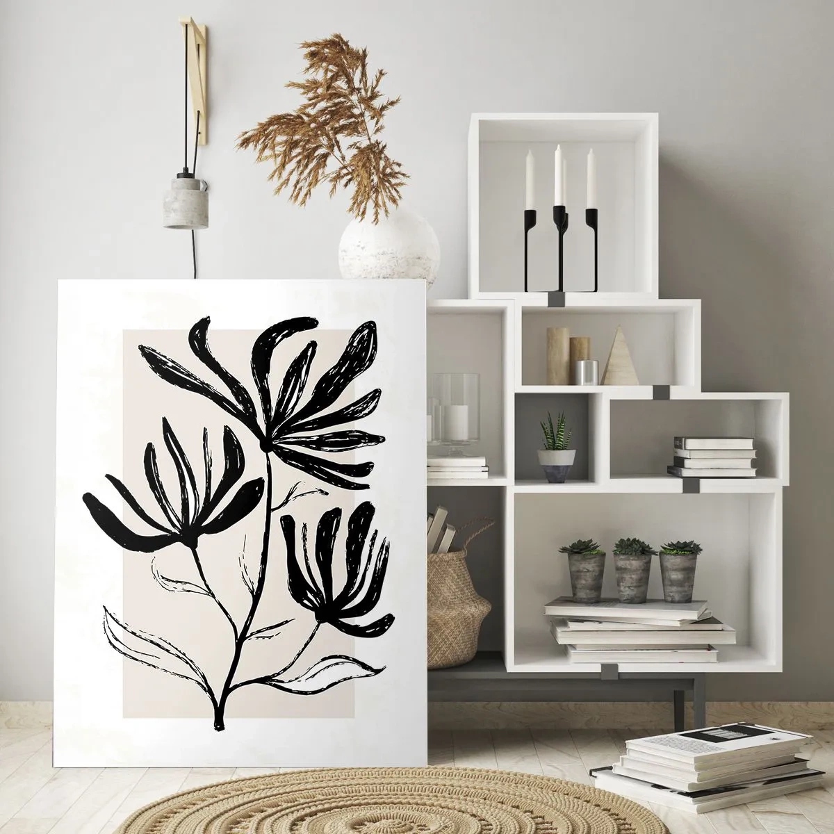 Cuadro sobre vidrio - Impresiones sobre Vidrio - Motivo floral minimalista en blanco y negro - 80x120cm - Esbozo para un herbario - Decoración de pared moderna para salón y dormitorio ARTTOR