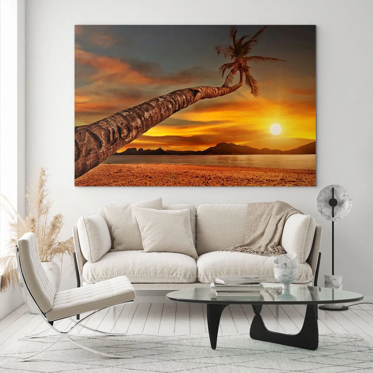 Cuadro sobre vidrio - Impresiones sobre Vidrio - Palmera en una playa tropical al atardecer - 120x80cm - Vacaciones exóticas, aventura en el Caribe - Decoración de pared moderna para salón y dormitorio ARTTOR