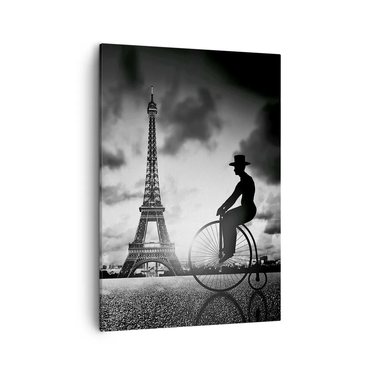 Cuadro sobre lienzo - Impresión de Imagen - Imagen en blanco y negro de una bicicleta retro con la Torre Eiffel al fondo. - 50x70cm - Añoranza de la Belle Epoque - Decoración de pared moderna para salón y dormitorio ARTTOR