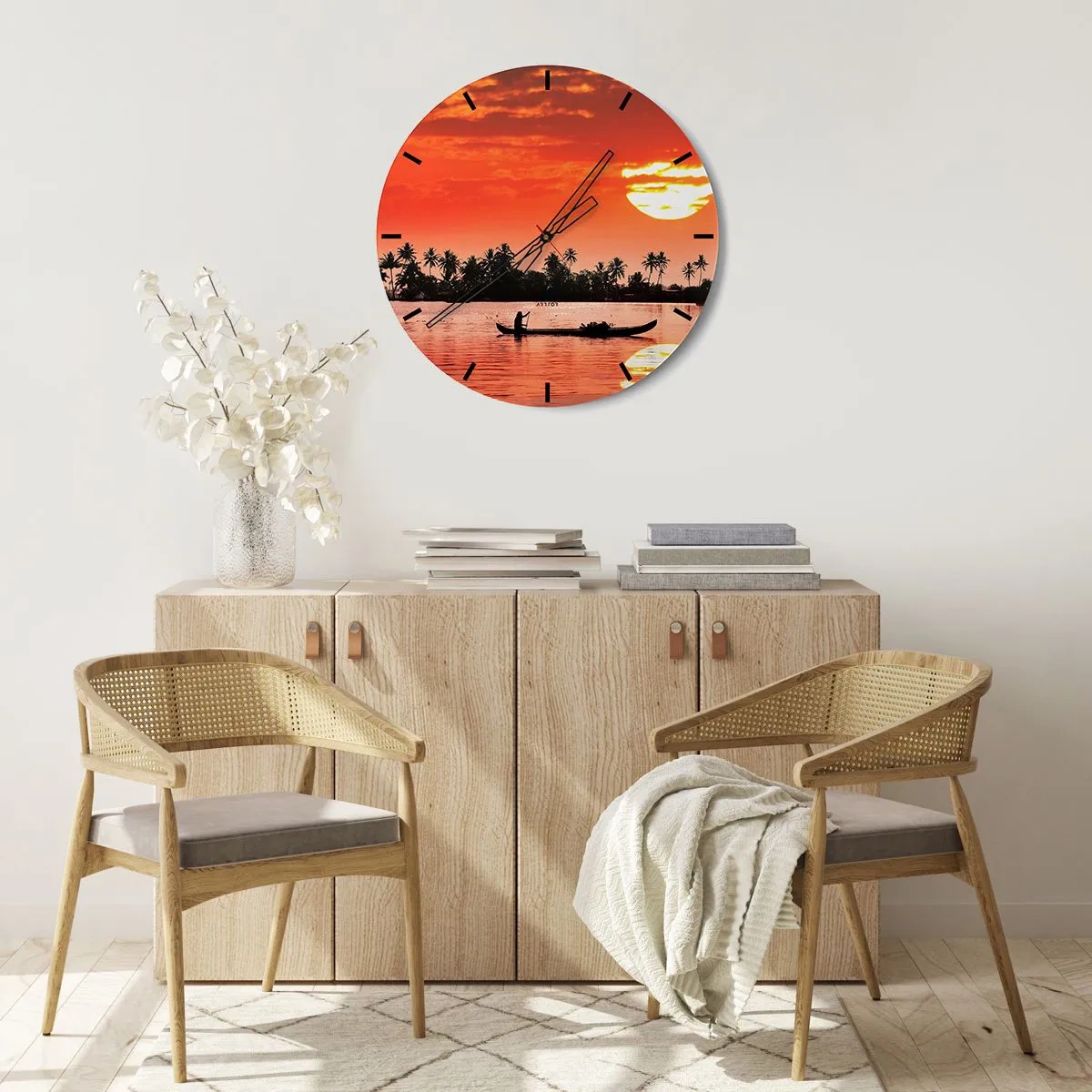Reloj de pared - Reloj de vidrio - Un barco con el telón de fondo de una puesta de sol tropical. - 30x30cm - La paz de los trópicos al atardecer - Decoración de pared moderna para salón, cocina y dormitorio ARTTOR