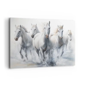 Cuadro sobre lienzo - Impresión de Imagen - Caballos blancos galopando por el agua - 120x80cm - Magia blanca - Decoración de pared moderna para salón y dormitorio ARTTOR