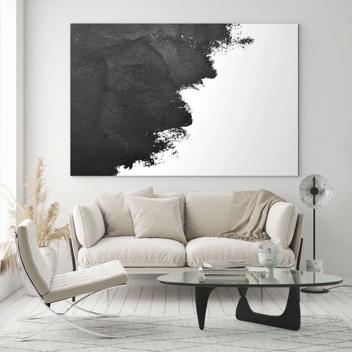 Cuadro sobre vidrio - Impresiones sobre Vidrio - Textura de pintura negra sobre un fondo blanco en un estilo minimalista. - 100x70cm - Elementos: tierra - Decoración de pared moderna para salón y dormitorio ARTTOR