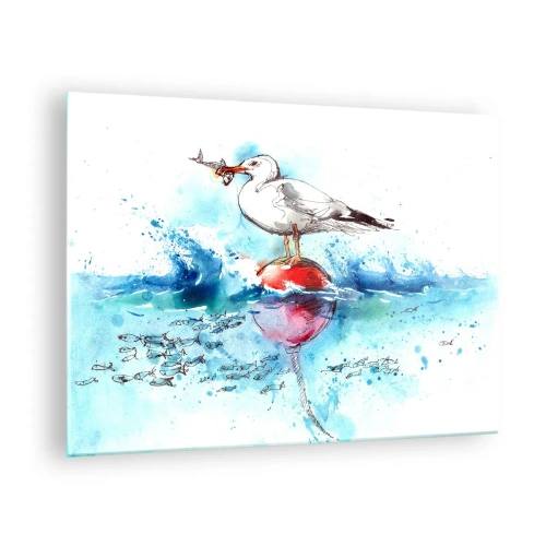 Cuadro sobre vidrio - Impresiones sobre Vidrio - Una gaviota en una boya con un pez en el fondo de las olas del mar. - 70x50cm - Una captura exitosa - Decoración de pared moderna para salón y dormitorio ARTTOR
