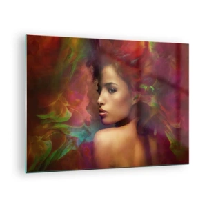 Cuadro sobre vidrio - Impresiones sobre Vidrio - Retrato de una mujer en un entorno abstracto y colorido. - 70x50cm - Más hermosa que un arco iris, tan delicada como la niebla - Decoración de pared moderna para salón y dormitorio ARTTOR
