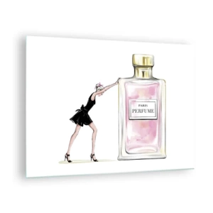 Cuadro sobre vidrio - Impresiones sobre Vidrio - Una mujer con un vestido negro junto a un gran frasco de perfume. - 70x50cm - La esencia de la feminidad - Decoración de pared moderna para salón y dormitorio ARTTOR