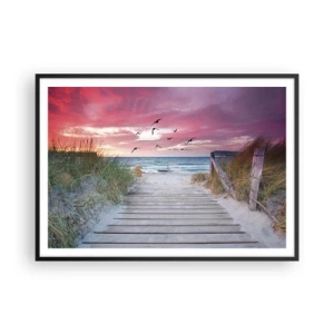 Póster en marco negro - Camino de madera en la playa al atardecer rosa - 100x70cm - Impresión del Báltico - Decoración de pared moderna para salón y dormitorio ARTTOR