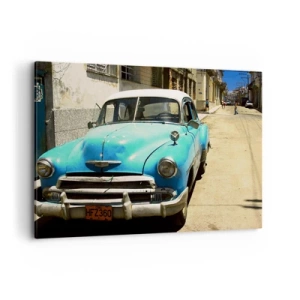 Cuadro sobre lienzo - Impresión de Imagen - Un coche clásico azul en la calle en un día soleado. - 100x70cm - ¡Viva Cuba! - Decoración de pared moderna para salón y dormitorio ARTTOR