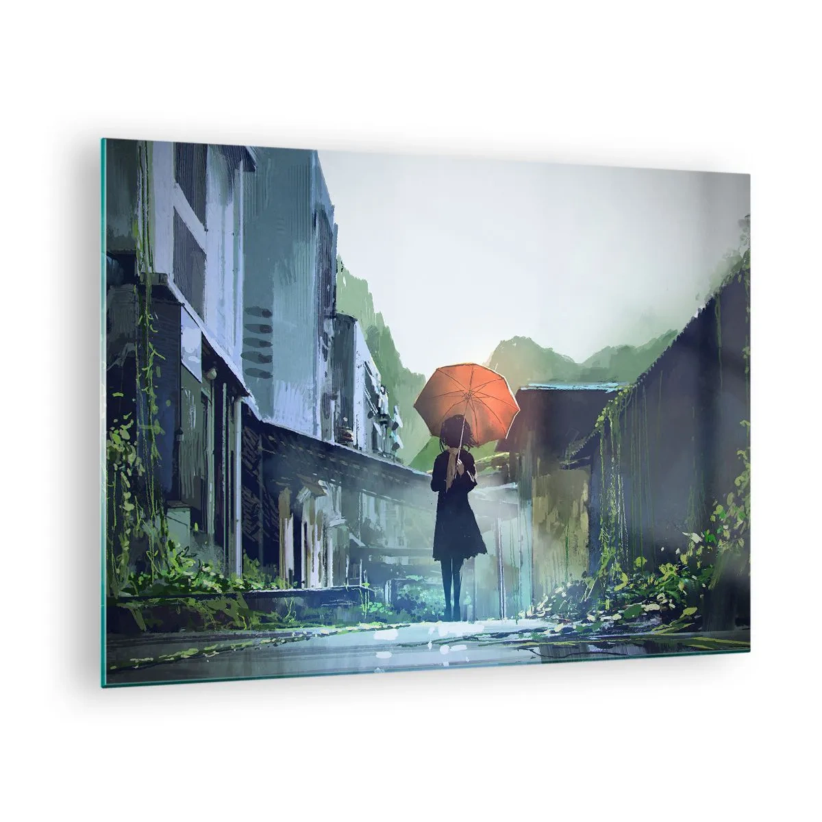 Cuadro sobre vidrio - Impresiones sobre Vidrio - Una figura con un paraguas naranja en una calle lluviosa. - 70x50cm - Una lluvia revitalizante - Decoración de pared moderna para salón y dormitorio ARTTOR