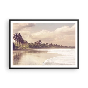 Póster en marco negro - Una playa con palmeras y olas suaves por la mañana. - 100x70cm - La caricia de las olas - Decoración de pared moderna para salón y dormitorio ARTTOR