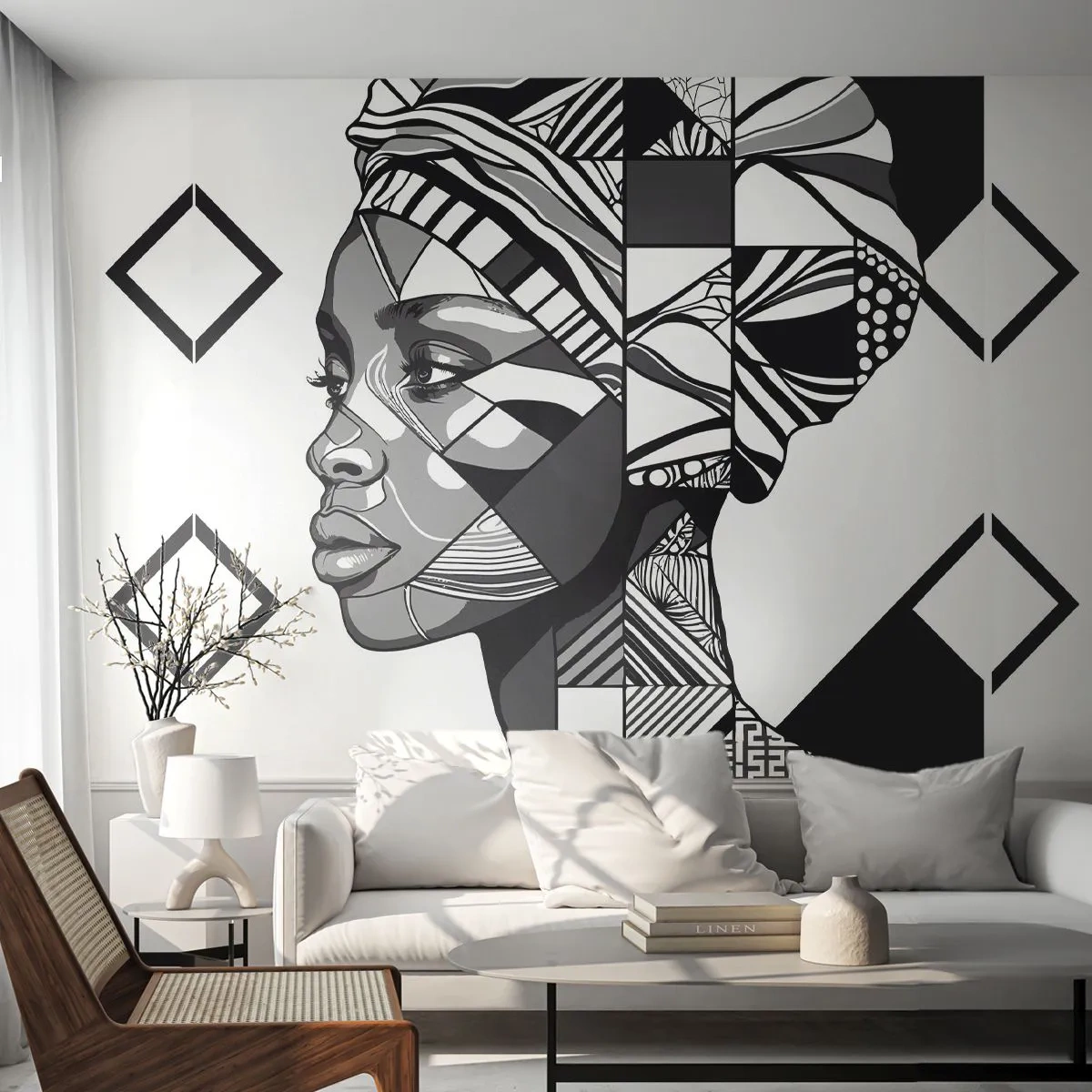 Fotomural Premium Sand - Retrato estilizado de una mujer con patrones geométricos en blanco y negro. - 100x70cm - Retrato étnico - Decoración de pared moderna para salón y dormitorio ARTTOR