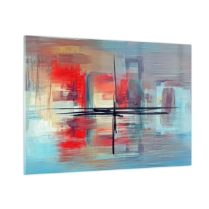 Cuadro sobre vidrio - Impresiones sobre Vidrio - Una abstracción colorida con rojo y azul, inspirada en un paisaje. - 100x70cm - Paisaje en una dimensión desconocida - Decoración de pared moderna para salón y dormitorio ARTTOR