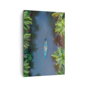Cuadro sobre lienzo - Impresión de Imagen - Una vista de pájaro de un barco en un río rodeado de palmeras. - 70x100cm - En un sendero tropical - Decoración de pared moderna para salón y dormitorio ARTTOR