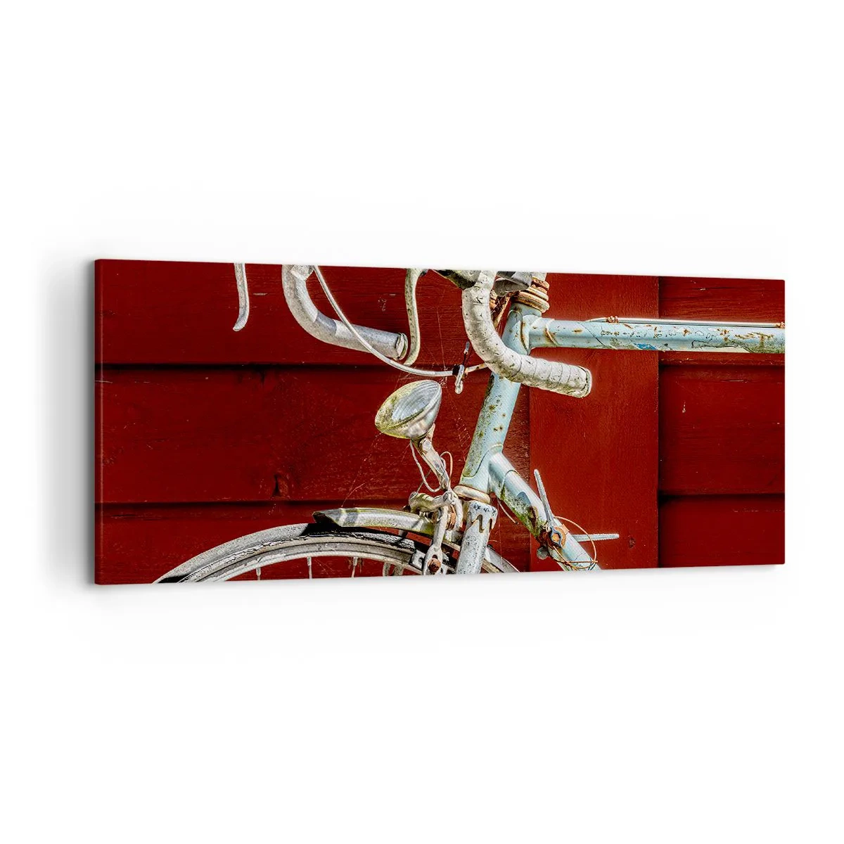 Cuadro sobre lienzo - Impresión de Imagen - Una bicicleta vintage contra una pared de madera roja. - 120x50cm - Creada para las victorias - Decoración de pared moderna para salón y dormitorio ARTTOR