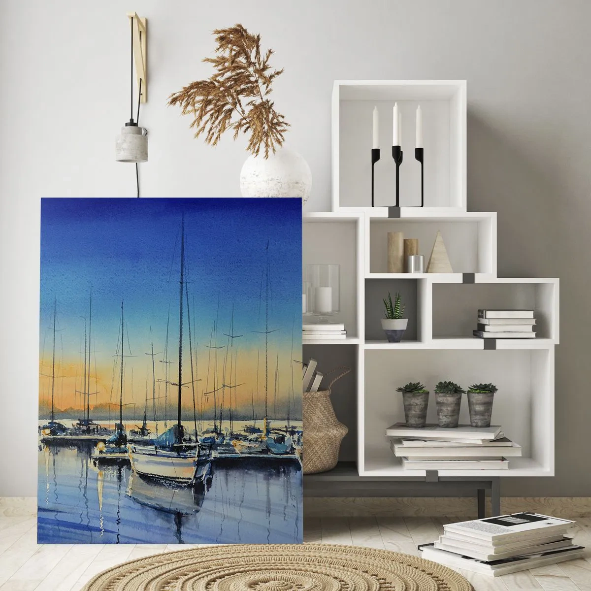 Cuadro sobre vidrio - Impresiones sobre Vidrio - Veleros en el puerto al atardecer - 50x70cm - El final de un buen día - Decoración de pared moderna para salón y dormitorio ARTTOR