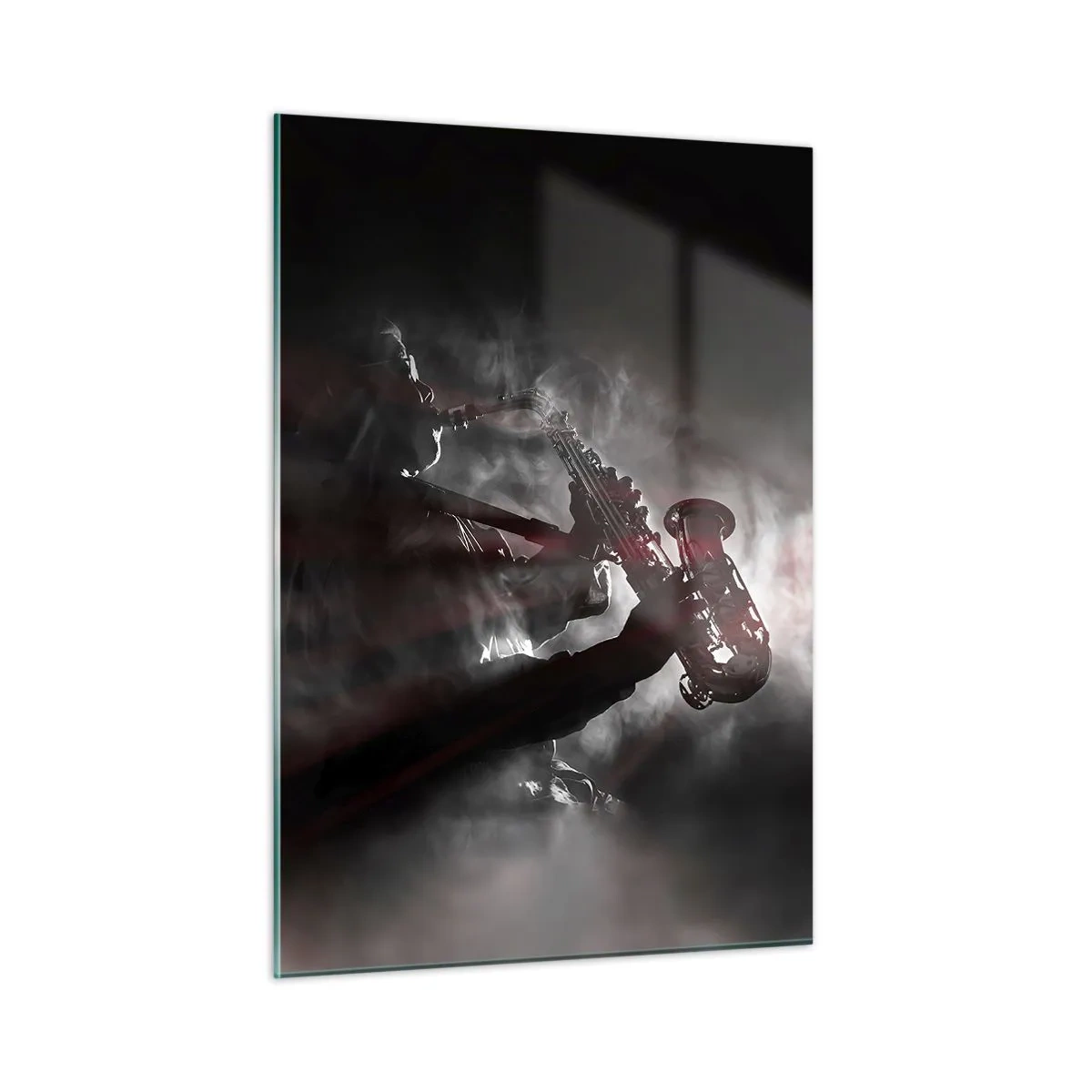 Cuadro sobre vidrio - Impresiones sobre Vidrio - Saxofonista en una nube de humo en blanco y negro - 50x70cm - En el vapor del jazz - Decoración de pared moderna para salón y dormitorio ARTTOR