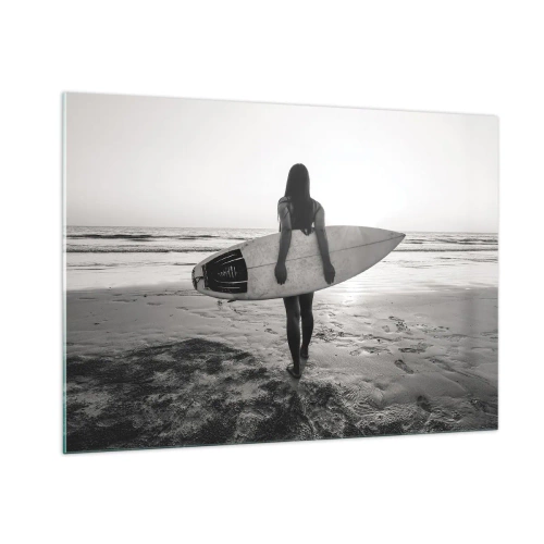 Cuadro sobre vidrio - Impresiones sobre Vidrio - Mujer con una tabla de surf en la playa al amanecer - 100x70cm - Hija de las olas marinas - Decoración de pared moderna para salón y dormitorio ARTTOR