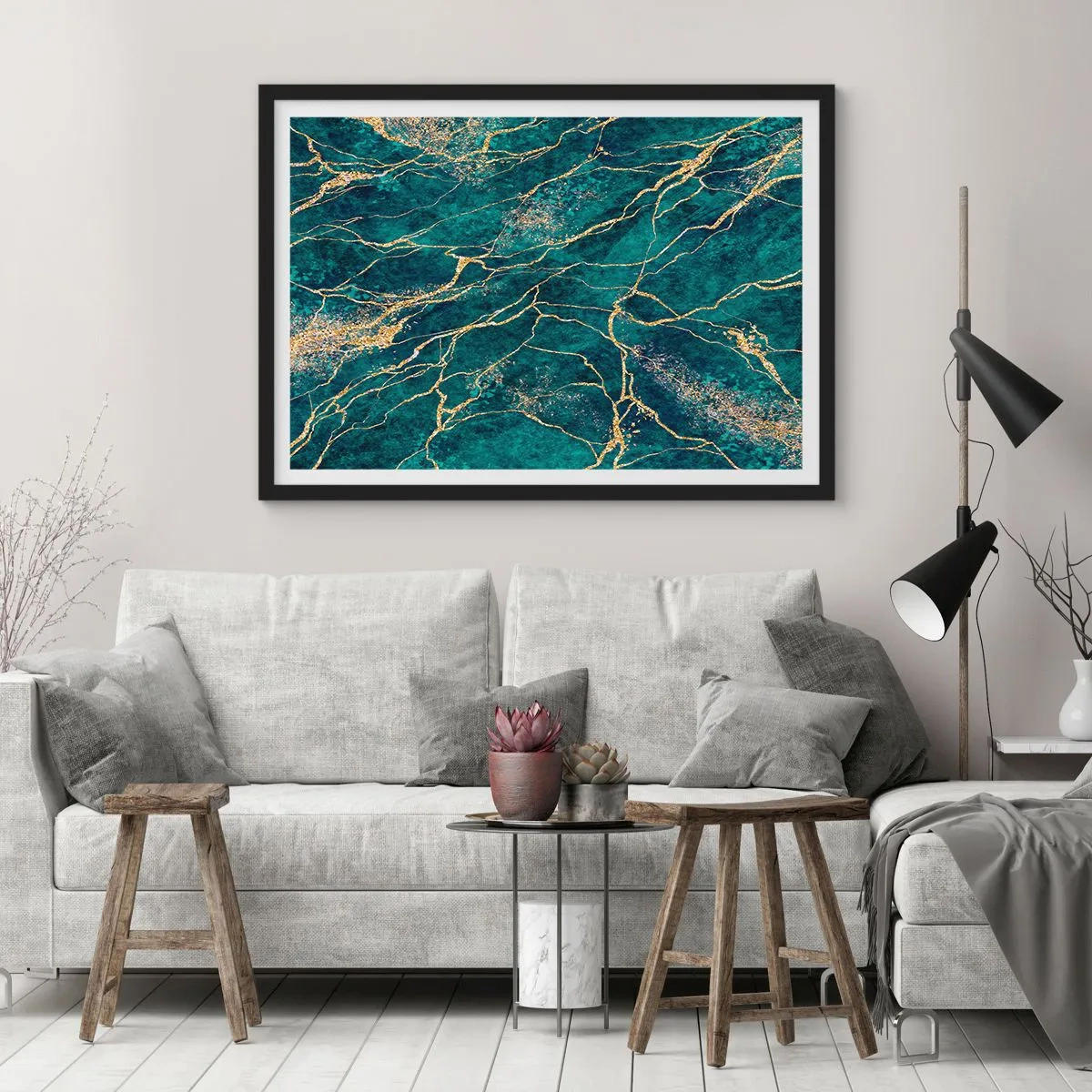 Póster en marco negro - Patrón de mármol texturizado en tonos turquesa y dorado. - 100x70cm - Riachuelos de oro - Decoración de pared moderna para salón y dormitorio ARTTOR
