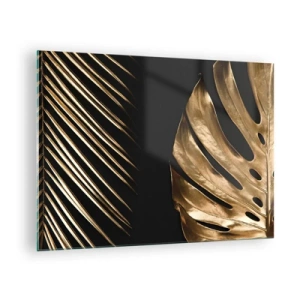 Cuadro sobre vidrio - Impresiones sobre Vidrio - Hojas de palma doradas y monsteras sobre fondo negro. - 70x50cm - Diferente, e igualmente valioso - Decoración de pared moderna para salón y dormitorio ARTTOR