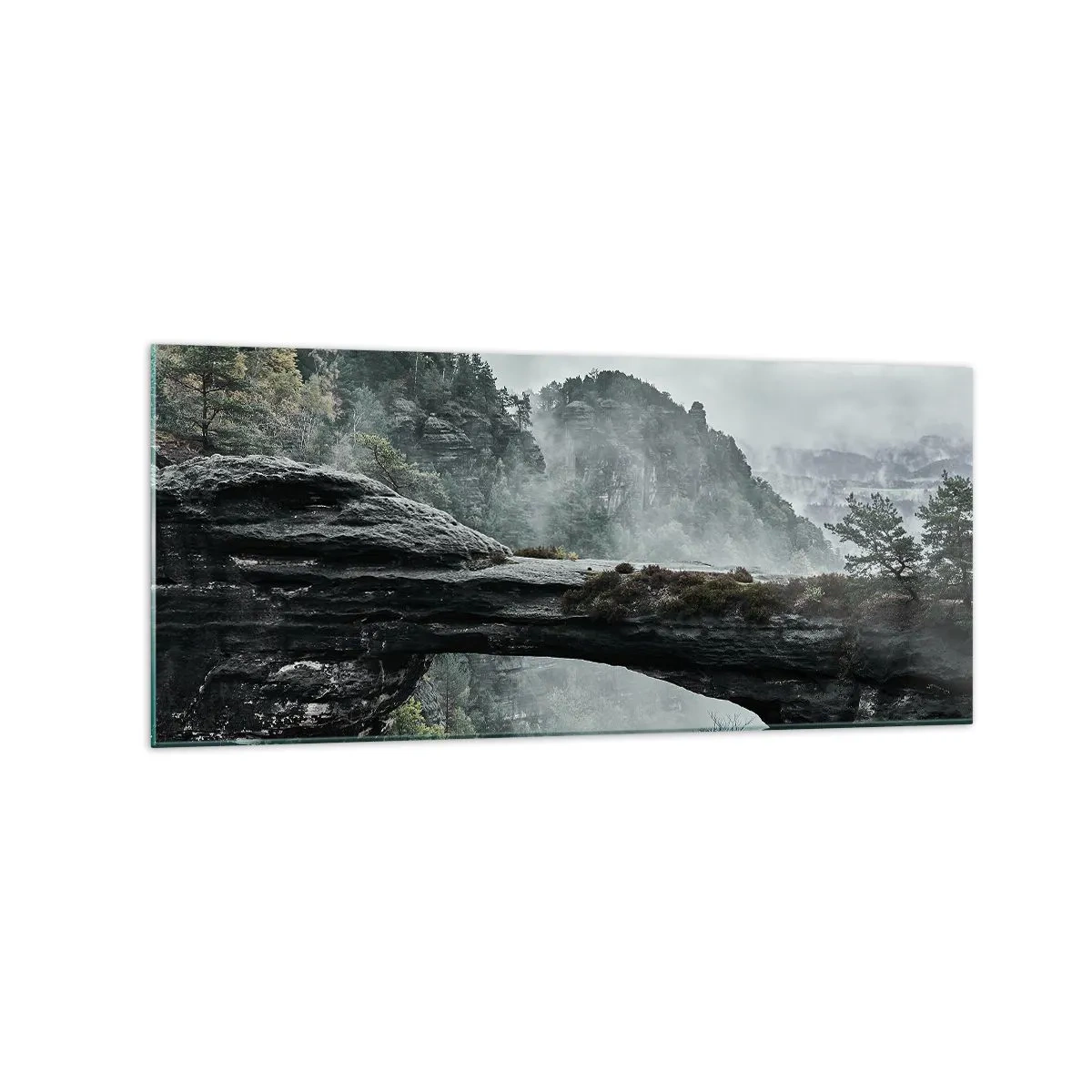 Cuadro sobre vidrio - Impresiones sobre Vidrio - Un arco de piedra rodeado de montañas brumosas y bosques. - 120x50cm - La aventura está a punto de comenzar - Decoración de pared moderna para salón y dormitorio ARTTOR