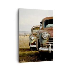 Cuadro sobre lienzo - Impresión de Imagen - Dos coches viejos en un camino de tierra junto a una valla de madera. - 50x70cm - Un merecido descanso - Decoración de pared moderna para salón y dormitorio ARTTOR