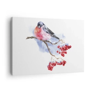 Cuadro sobre lienzo - Impresión de Imagen - Pájaro en una rama con frutos rojos en el fondo de acuarela - 70x50cm - Invierno en color - Decoración de pared moderna para salón y dormitorio ARTTOR
