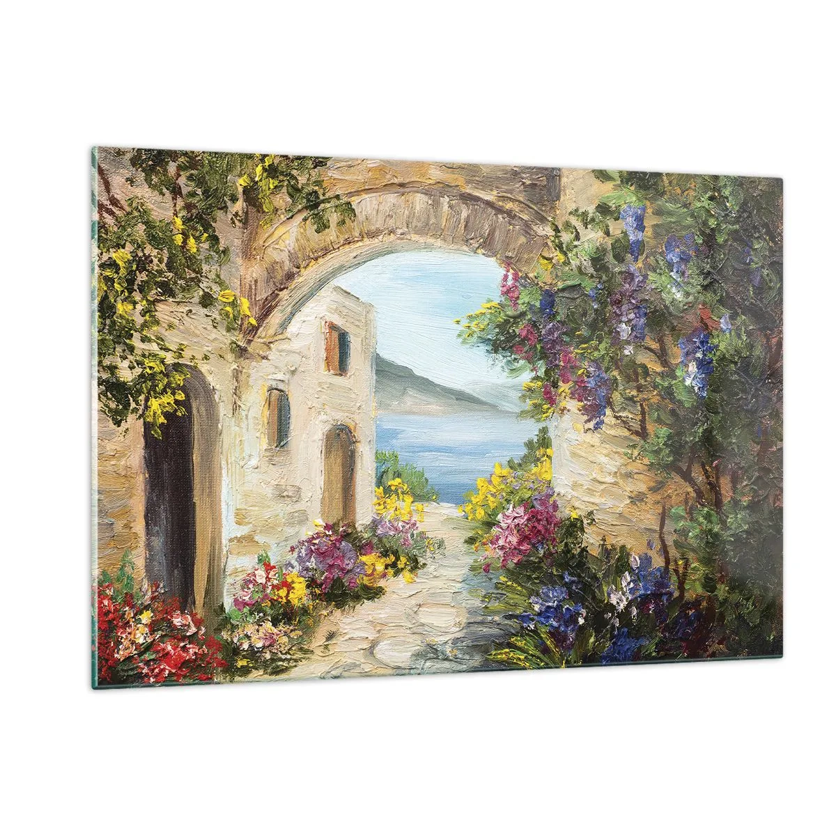 Cuadro sobre vidrio - Impresiones sobre Vidrio - Una calle pintoresca con vista al lago. - 120x80cm - El encanto del paisaje costero - Decoración de pared moderna para salón y dormitorio ARTTOR
