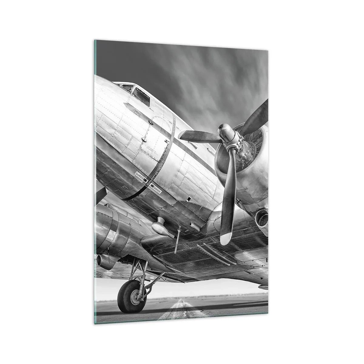 Cuadro sobre vidrio - Impresiones sobre Vidrio - Una imagen en blanco y negro de un avión clásico con detalles estructurales visibles. - 70x100cm - Siempre listo para volar - Decoración de pared moderna para salón y dormitorio ARTTOR