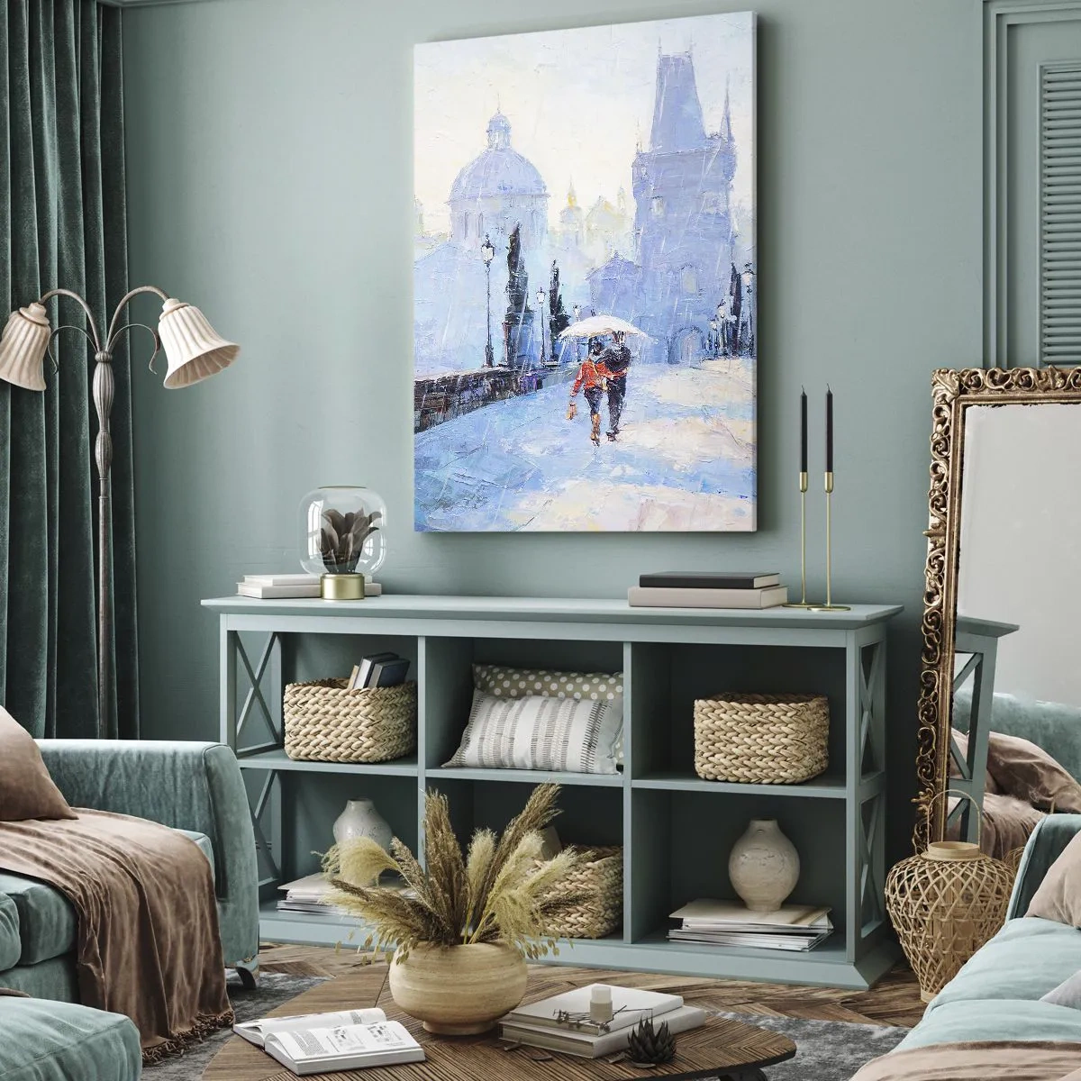 Cuadro sobre lienzo - Impresión de Imagen - Pareja romántica en un puente bajo la lluvia, una escena pictórica - 80x120cm - El embrujo de la lluvia - Decoración de pared moderna para salón y dormitorio ARTTOR