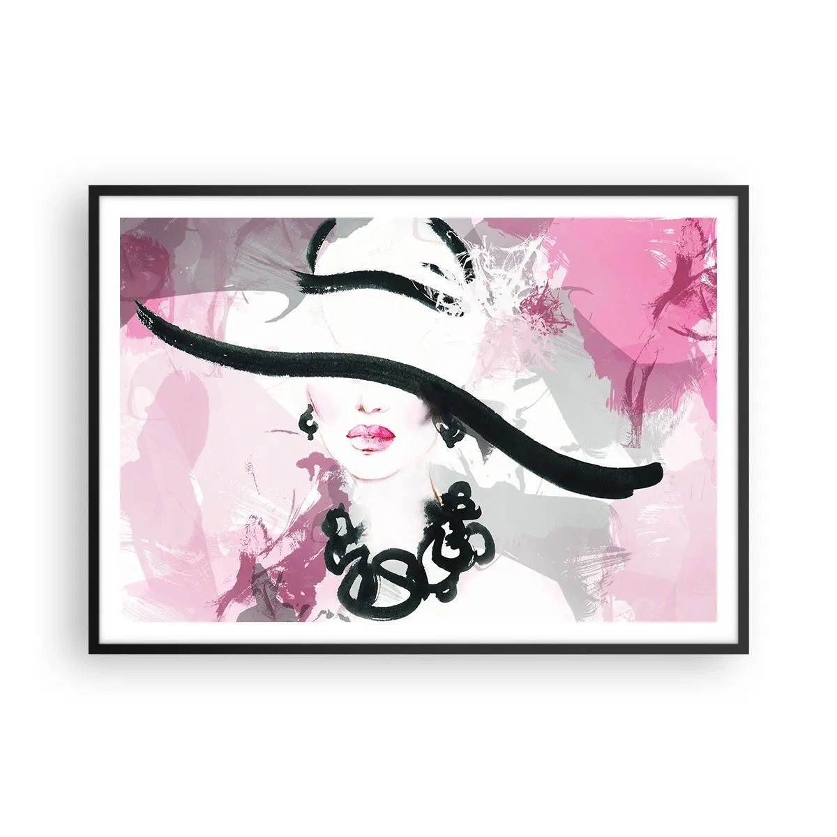 Póster en marco negro - Una mujer elegante con sombrero sobre un fondo de abstracciones rosas. - 100x70cm - Retrato de una dama en negro y rosa - Decoración de pared moderna para salón y dormitorio ARTTOR