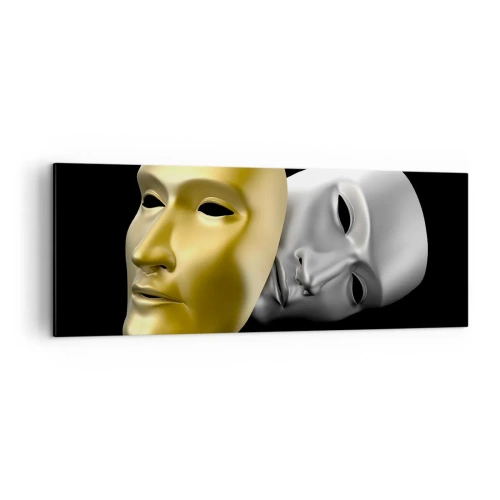 Cuadro sobre lienzo - Impresión de Imagen - Máscara de oro y plata sobre fondo negro. - 140x50cm - La vida es un teatro - Decoración de pared moderna para salón y dormitorio ARTTOR