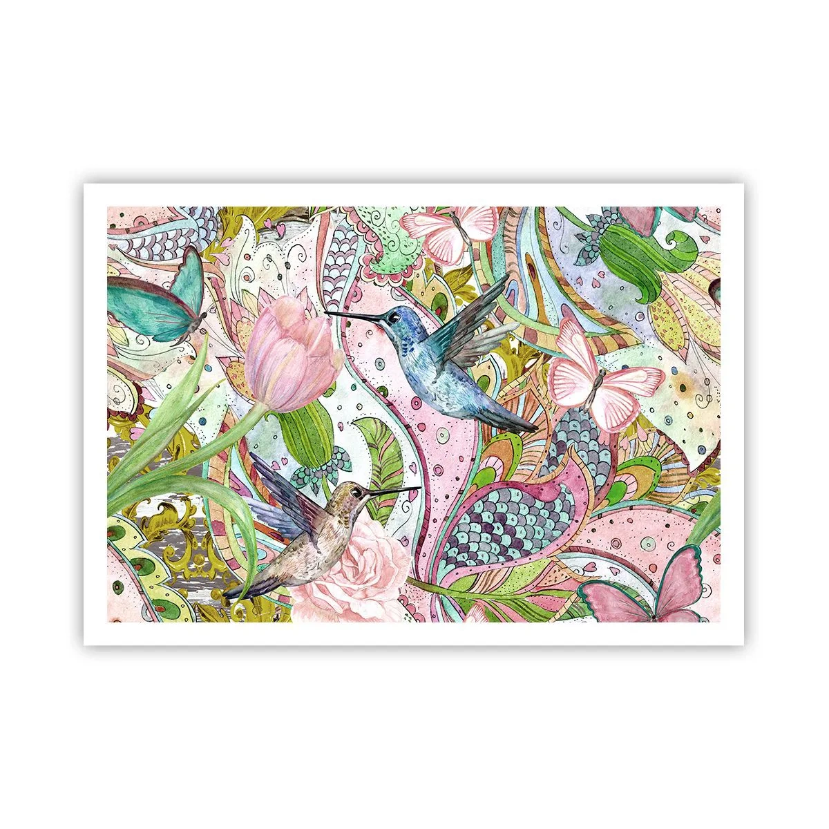 Póster - Colibríes y mariposas coloridos entre las plantas. - 100x70cm - Enredado en las vides - Decoración de pared moderna para salón y dormitorio ARTTOR