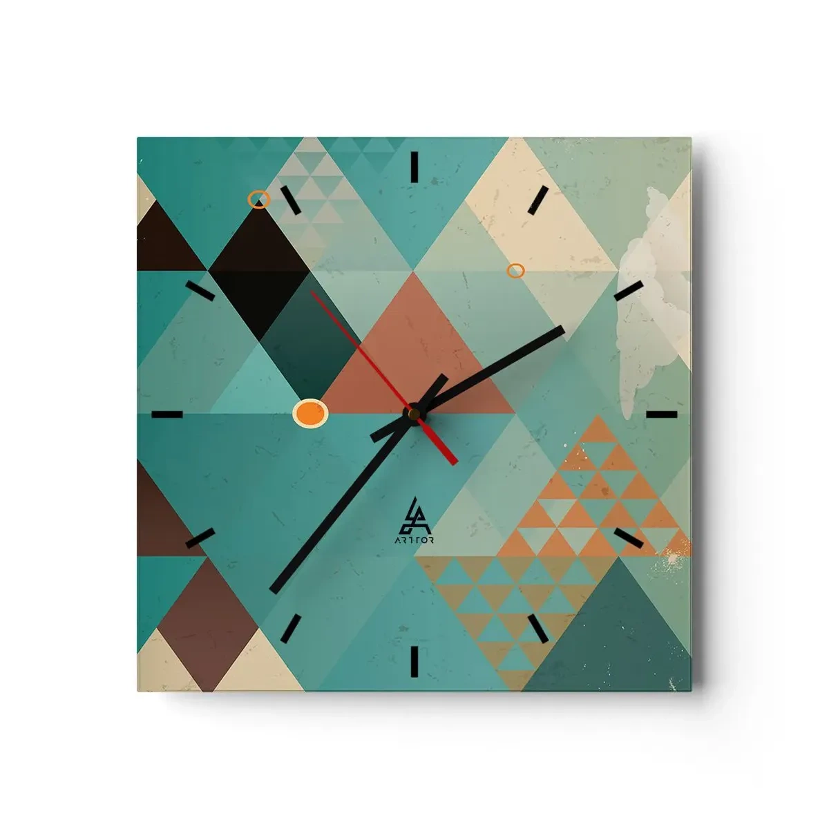 Reloj de pared - Reloj de vidrio - Patrones geométricos en tonos turquesa y marrón. - 30x30cm - Uno para todos y todos para uno - Decoración de pared moderna para salón y dormitorio ARTTOR