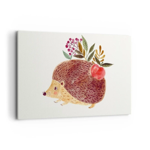 Cuadro sobre lienzo - Impresión de Imagen - Un lindo erizo con una manzana y plantas en un estilo ilustrativo. - 120x80cm - Y ya te gusto - Decoración de pared moderna para salón y dormitorio ARTTOR