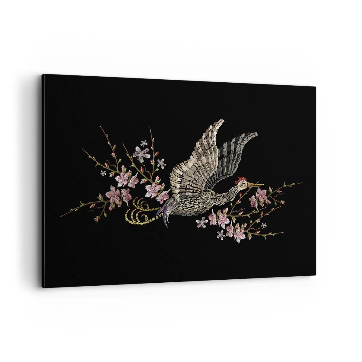 Cuadro sobre lienzo - Impresión de Imagen - Un pájaro en vuelo con flores sobre un fondo negro. - 100x70cm - Ave florida - Decoración de pared moderna para salón y dormitorio ARTTOR
