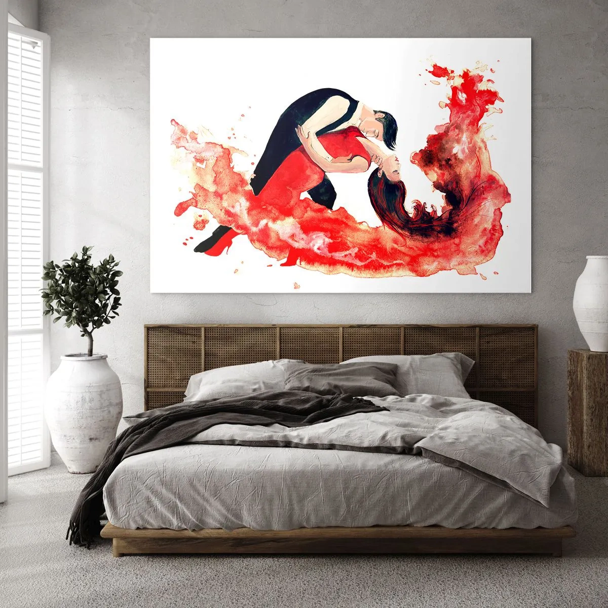 Cuadro sobre vidrio - Impresiones sobre Vidrio - Una pareja bailando en una composición dinámica de acuarela roja. - 70x50cm - El tango: una ola sensual - Decoración de pared moderna para salón y dormitorio ARTTOR