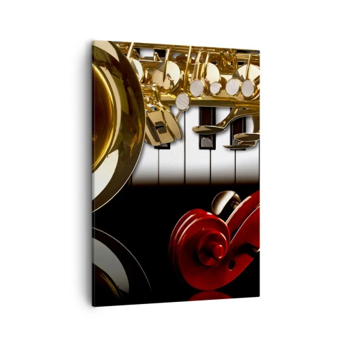 Cuadro sobre lienzo - Impresión de Imagen - Un saxofón dorado, teclas de piano y un violín rojo. - 50x70cm - Chapa, madera y marfil - Decoración de pared moderna para salón y dormitorio ARTTOR