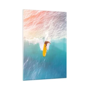 Cuadro sobre vidrio - Impresiones sobre Vidrio - Surfista en una ola en colores pastel - 80x120cm - Jinete del océano - Decoración de pared moderna para salón y dormitorio ARTTOR