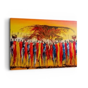 Cuadro sobre lienzo - Impresión de Imagen - Una escena colorida con figuras africanas con el sol poniente como telón de fondo. - 120x80cm - Allí, allí, allí van - Decoración de pared moderna para salón y dormitorio ARTTOR