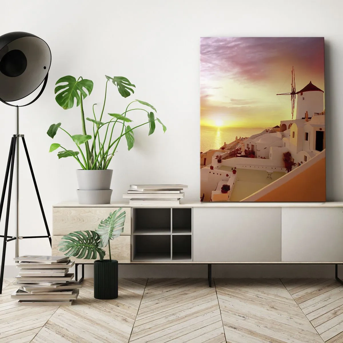 Cuadro sobre lienzo - Impresión de Imagen - Santorini al atardecer con un molino de viento - 50x70cm - Blanco y dorado - Decoración de pared moderna para salón y dormitorio ARTTOR